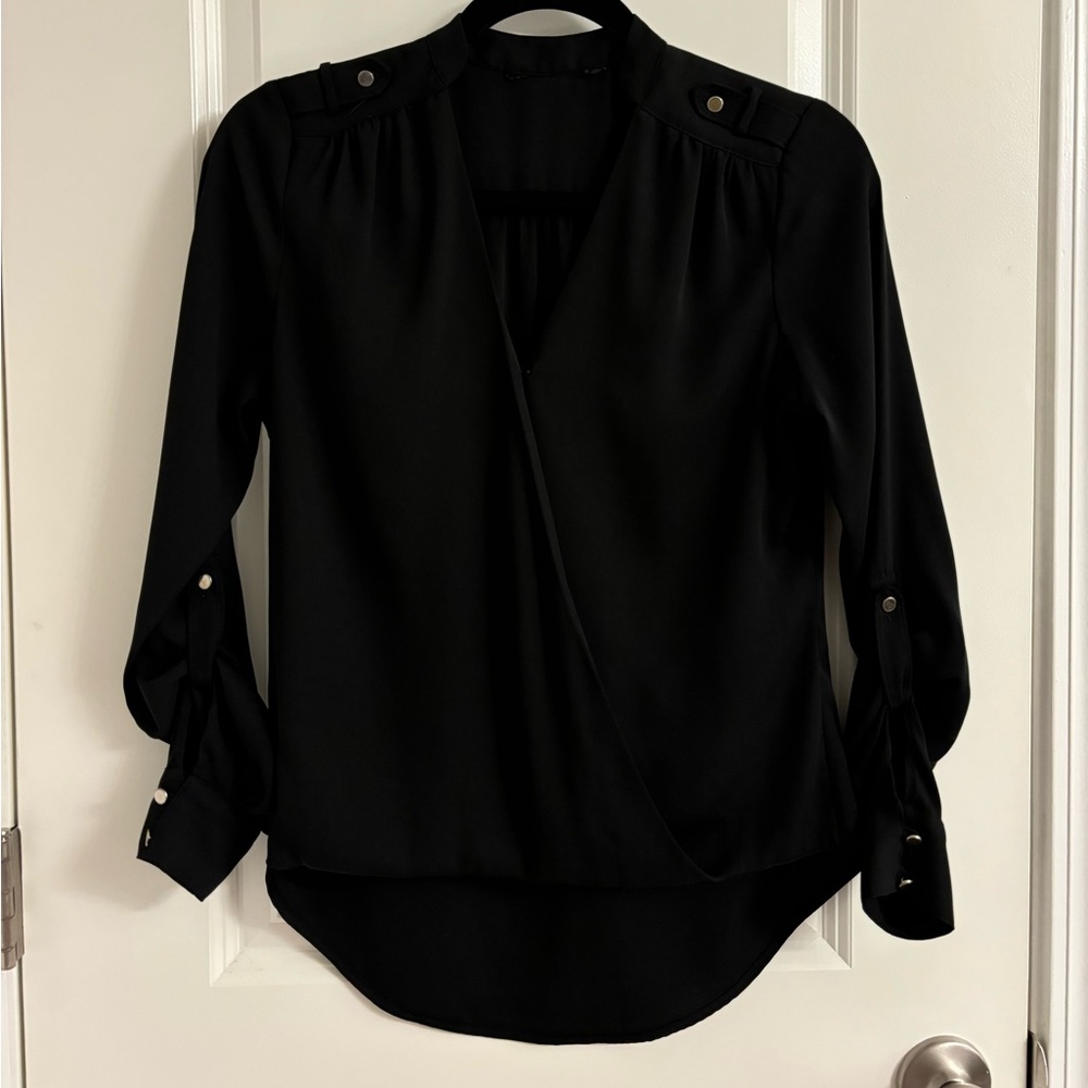 White House Black Market Wrap Front Long Sleeve Top Size 2 Color Black Chiffon